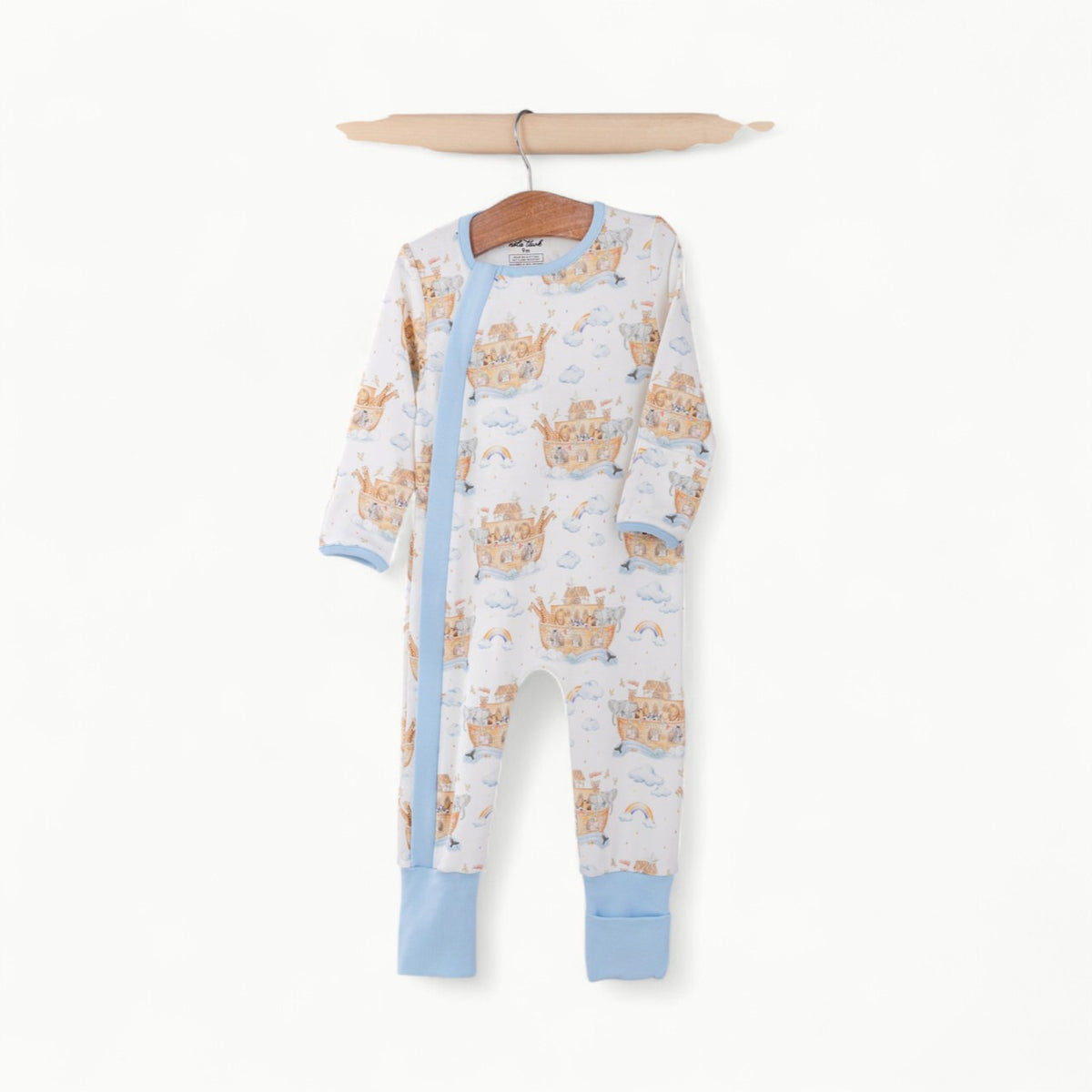 All Aboard Noah's Ark Organic Cotton Zip Up Pajamas in GOTS-certified organic cotton with animal and rainbow print