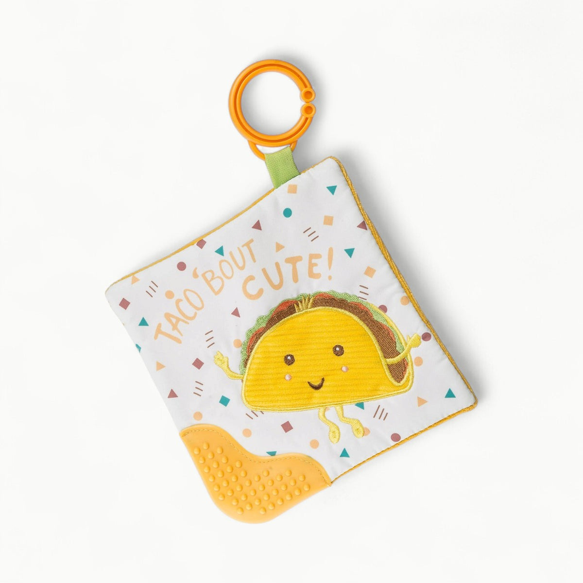Mary Meyer Crinkle Teether with embroidered puppy, neutral pattern, soft textured fabric, and attached loop clip