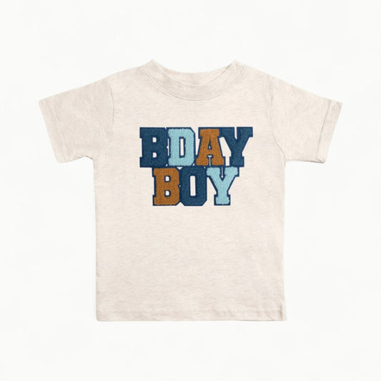 Birthday Boy Patch T-Shirt in heather with indigo, soft blue, and khaki chenille patch detail