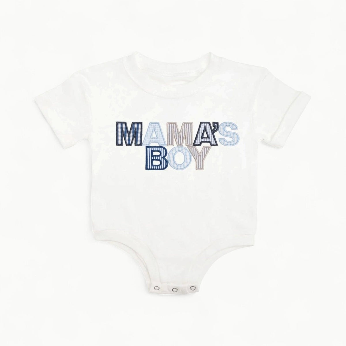 Mama's Boy Patchwork Short Sleeve Romper in white cotton with blue and grey gingham patchwork details
