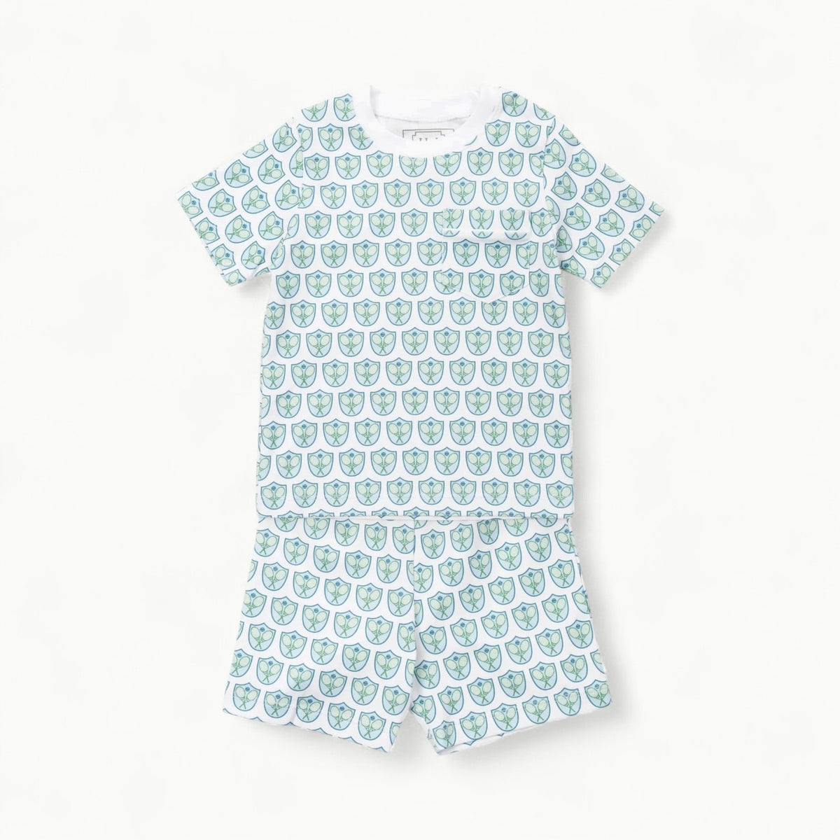 Charles Short Set in Tennis Crest Blue by Lila & Hayes—Pima cotton pocket tee and pull-on shorts.