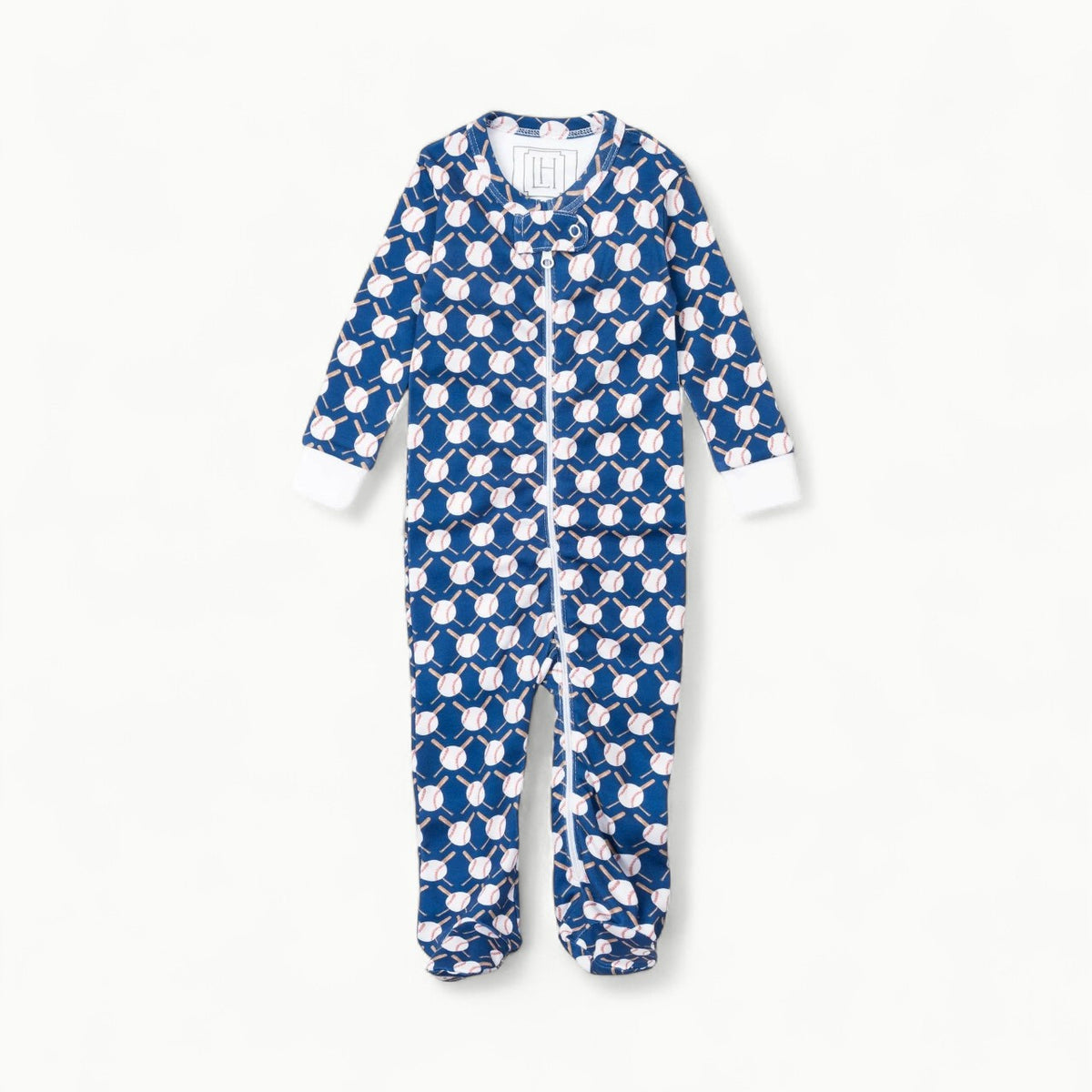 Parker Pima Cotton Zipper Pajama in Up At Bat pattern by Lila & Hayes, front view showing snug fit and front zipper.