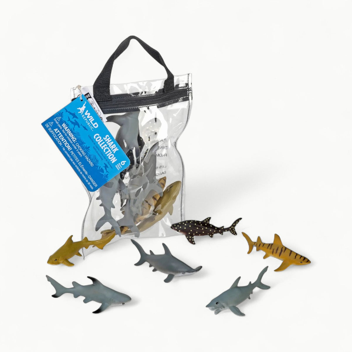 Wild Republic Polybag Zip Shark educational toy figure set with multiple realistic shark species