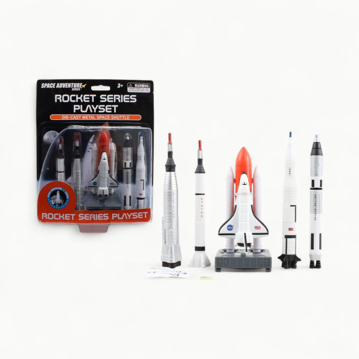 Five die-cast metal and plastic NASA spacecraft replicas: Mercury Redstone, Mercury Atlas, Gemini Titan, Apollo Saturn V, Spa