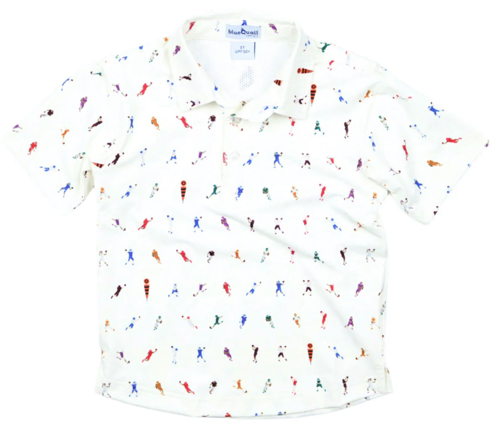 First Down Polo short-sleeve shirt in white with mesh ventilation, Blue Quail