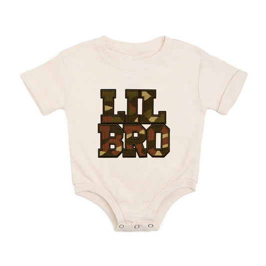 Lil Bro Camo Patch Short Sleeve Romper in natural cotton with camo chenille patch detail