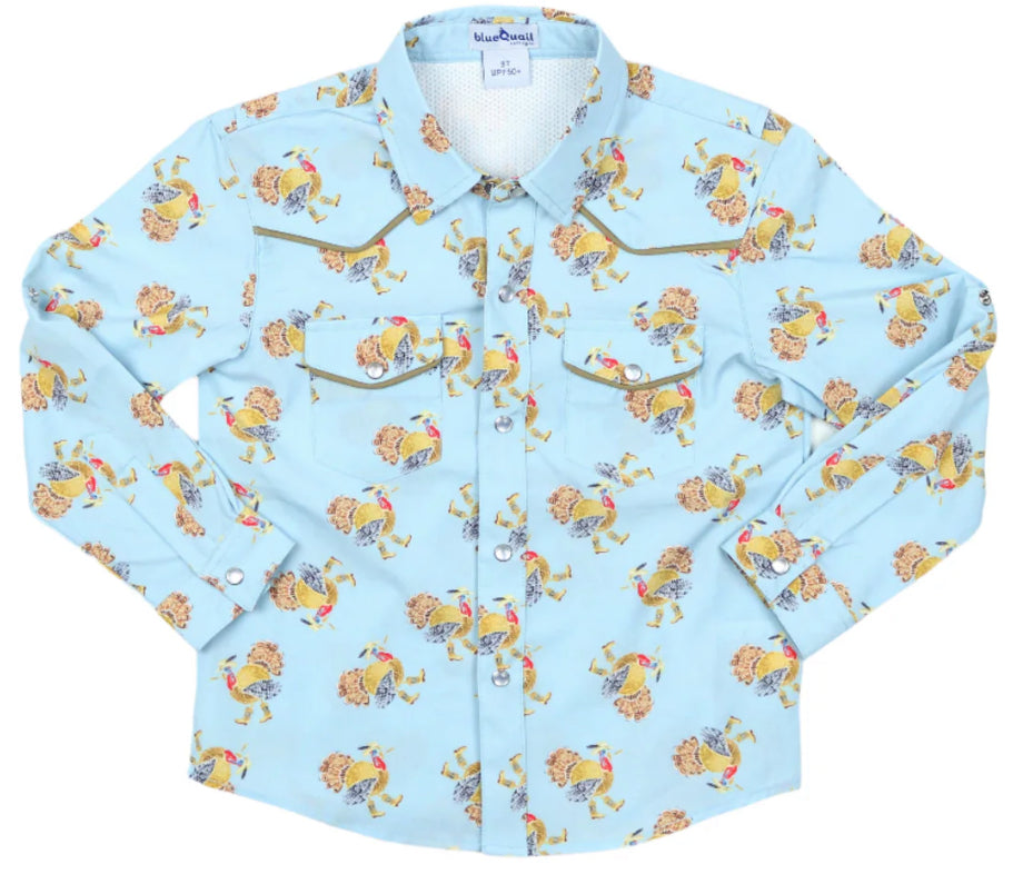 Blue Quail boys' pearl snap long sleeve shirt in blue quail with mesh vents and piping accents