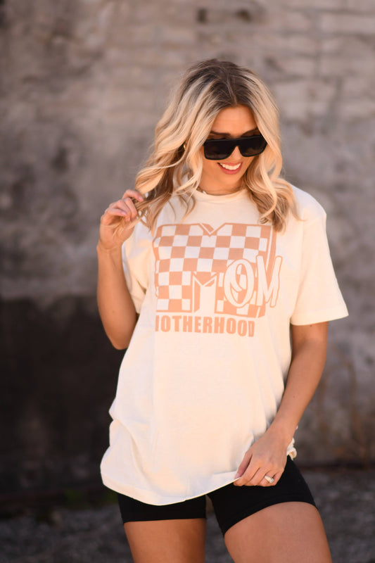 Motherhood Checkered Tee, P&PD Wholesale unisex tee in soft Tultex with screen-printed check pattern