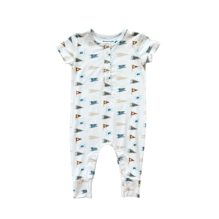 SS Henley Romper in Retro Banner by Baby Sprouts, soft bamboo fabric