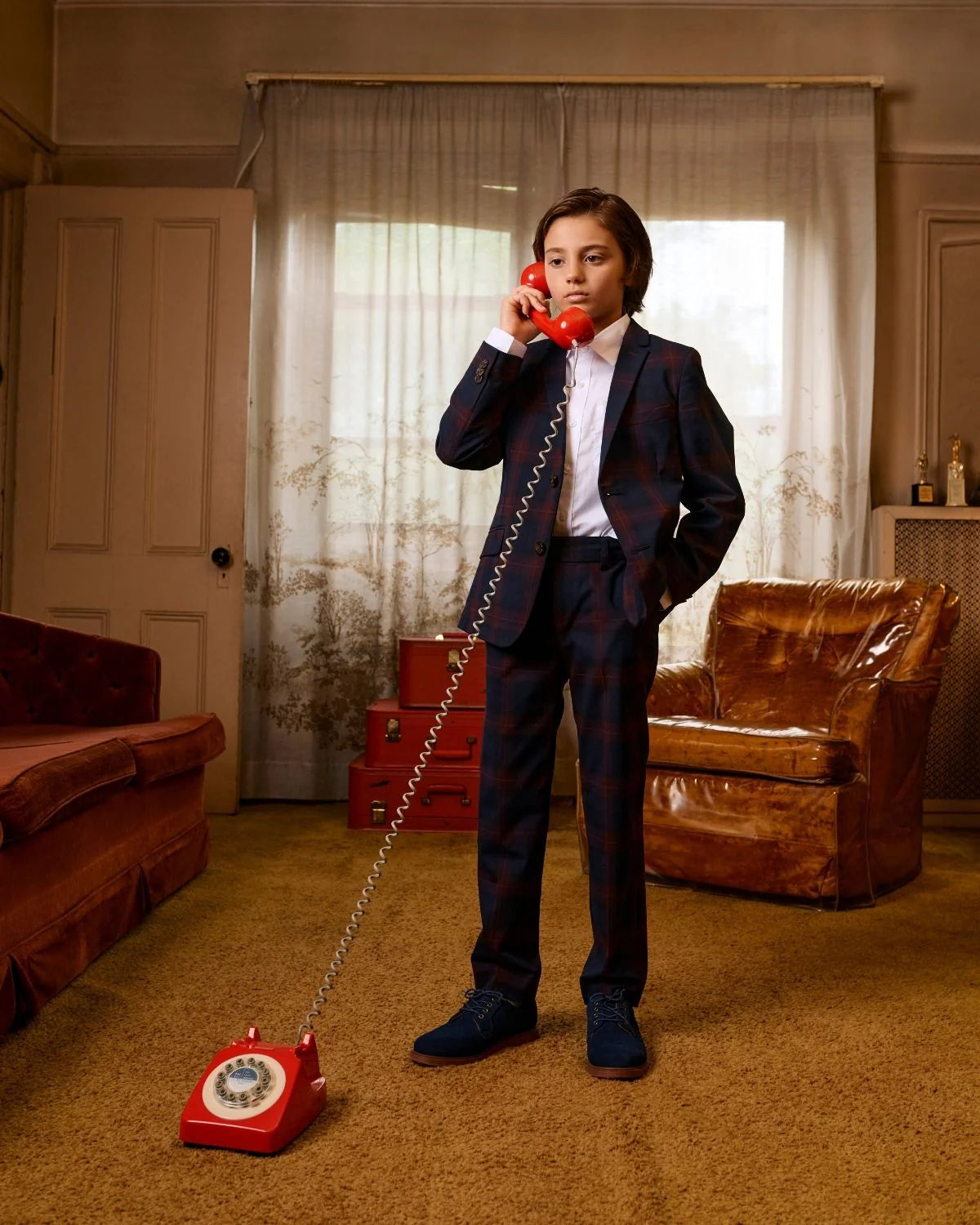 2-PC Strechy Mod Suit, Navy/Cranberry Plaid