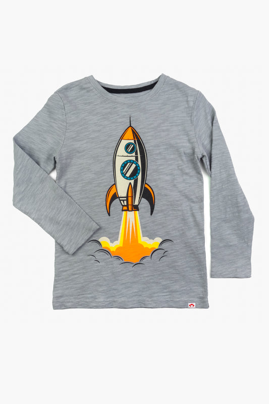 Light grey long-sleeved cotton tee with refined Blast Off graphic by Appaman