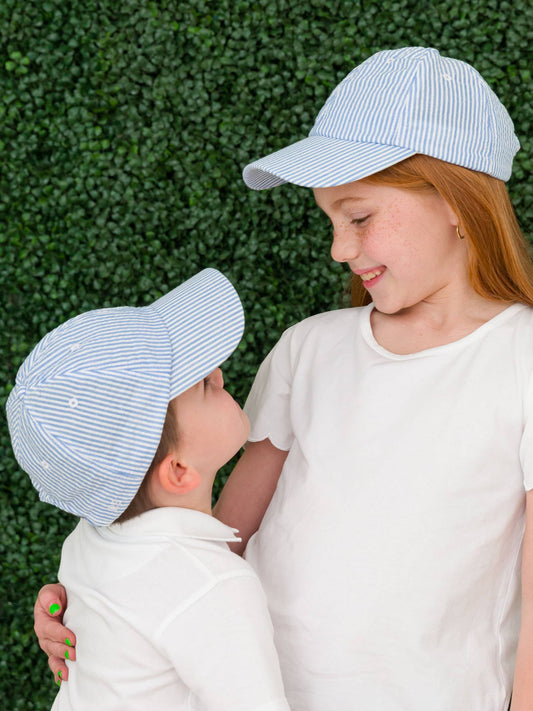 RuggedButts classic blue seersucker baseball cap with curved bill and structured crown