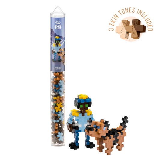 Plus-Plus Police tube with 70 colorful interlocking pieces in organized container