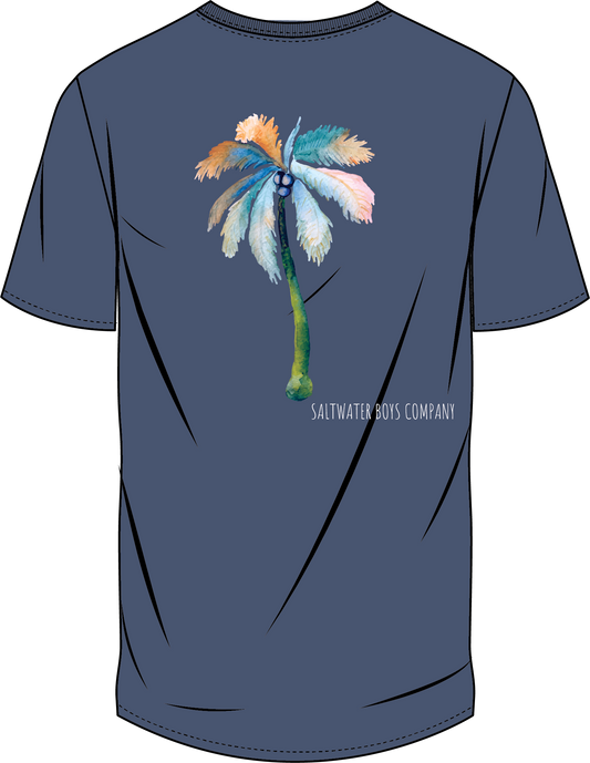 Navy short-sleeve boys graphic tee with palm detail and front pocket, Saltwater Boys