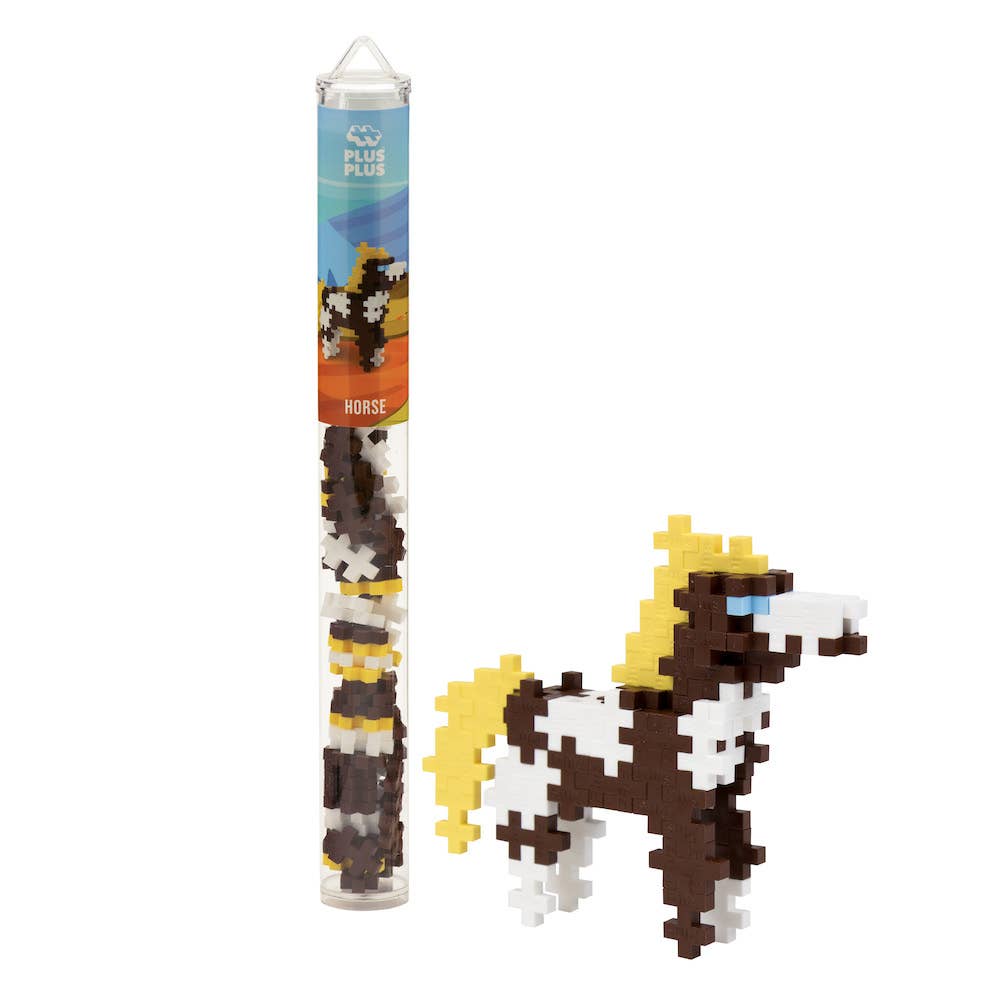 Plus-Plus Tube Horse building set with 70+ interlocking pieces in vibrant colors, Danish-made