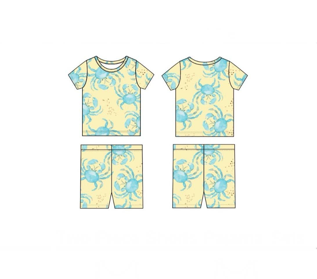 Blue watercolor crab on yellow background, soft bamboo viscose short pajama set