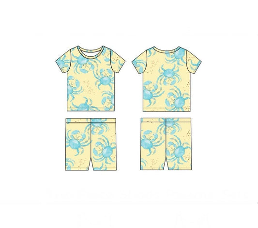 Blue watercolor crab on yellow background, soft bamboo viscose short pajama set