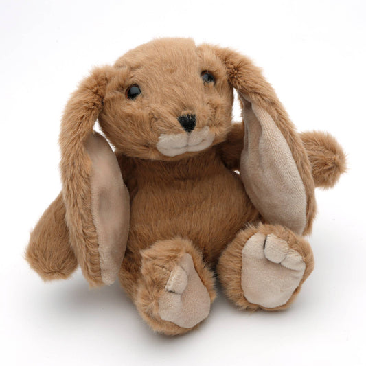 Small brown plush bunny toy with brushable hair, handcrafted by Jomanda Soft Toys