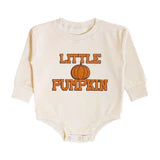 LV Little Pumpkin Long Sleeve Romper in Natural with chenille patch detail by Sweet Wink