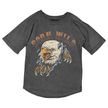 Born Wild SS Raglan in mineral black by Tiny Whales, 100% cotton short-sleeve tee with raglan sleeves
