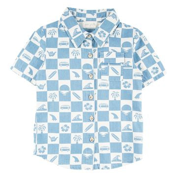 Miki Miette Jerry short-sleeve button-up shirt in checkerboard pattern, 100% cotton
