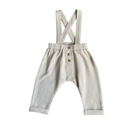 Baby Sprouts suspenders overalls in oat, neutral tone with classic design