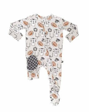 RV Brady zippered bamboo footie sleeper by Lev Baby with heart-shaped sole grips and integrated mittens