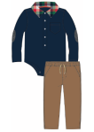 Navy Holiday LS Polo Bodysuit & Cognac Cord Pants Set