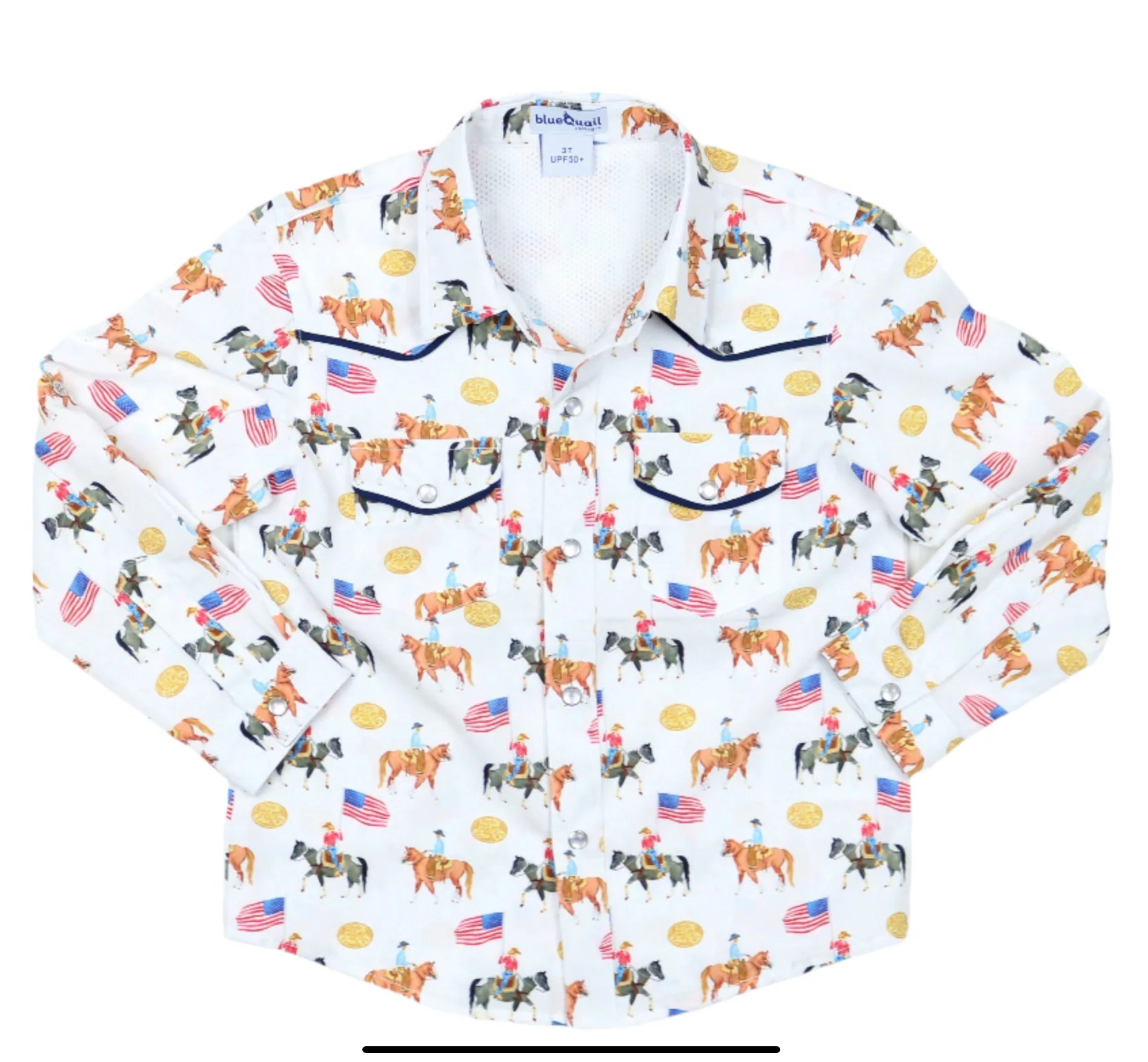 Grand Entry Pearl Snap long sleeve shirt in Blue Quail with pearl snap closures and piping details