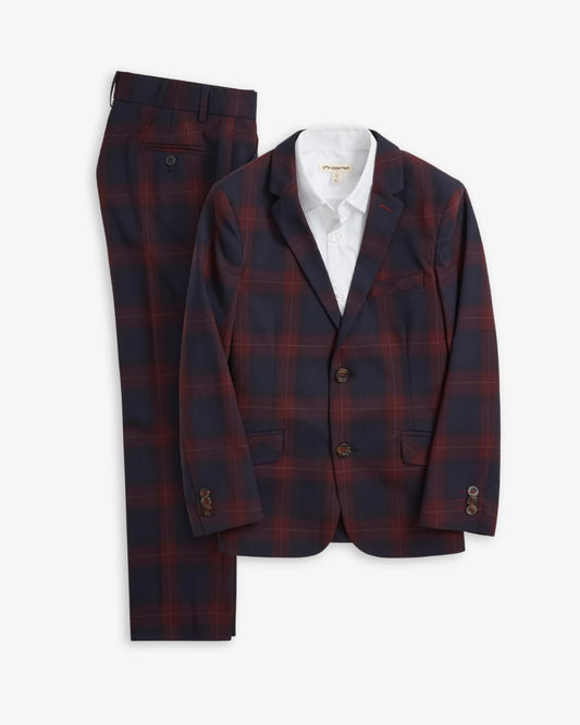 2-PC Strechy Mod Suit, Navy/Cranberry Plaid