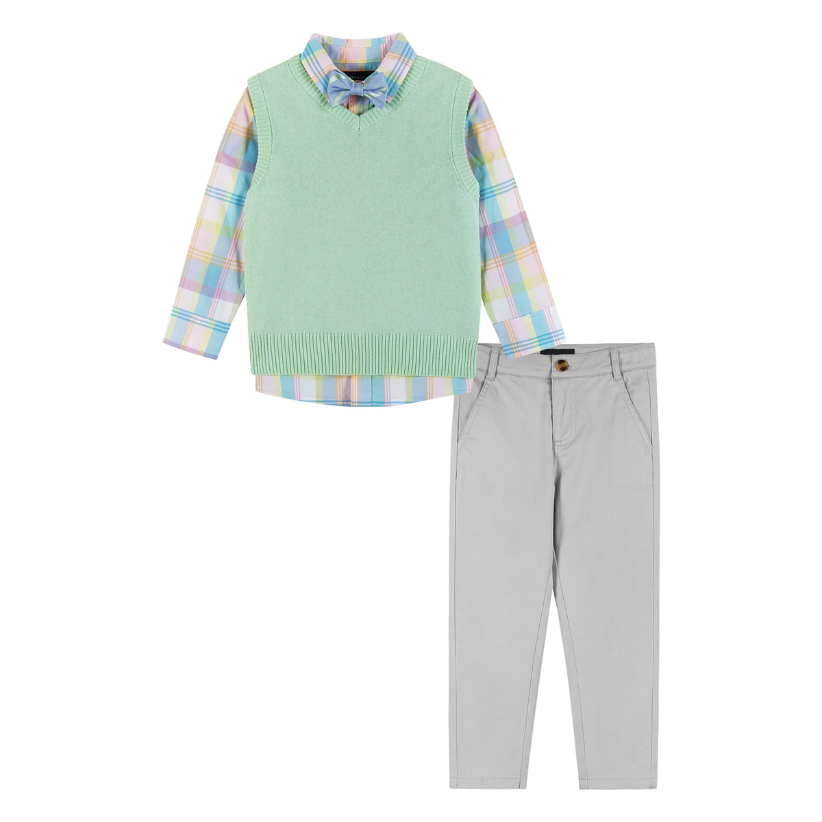 Four-piece outfit including a blue yellow and pink plaid button-up shirt, a pastel green sweater vest, a blue and green striped bow-tie, and light gray chinos.