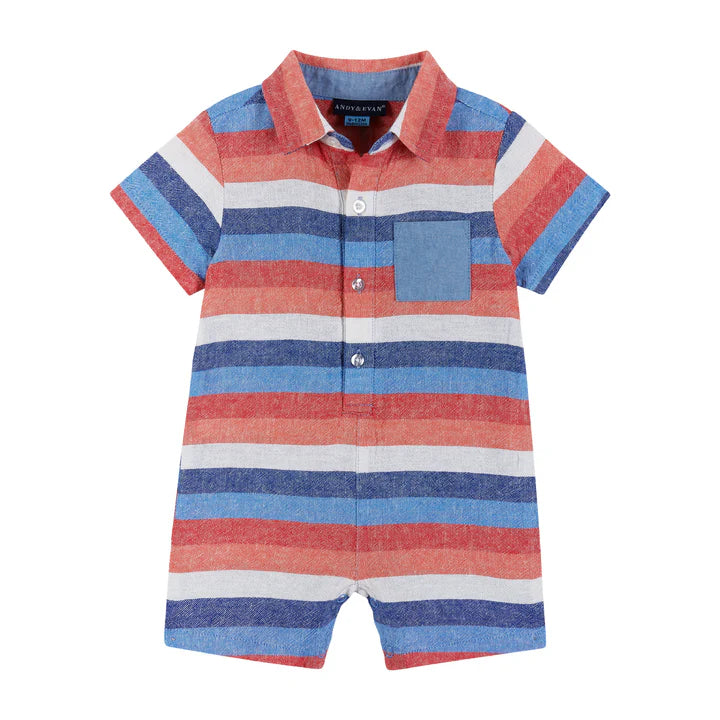 An infant sized one-piece romper with short sleeves and shorts. The pattern is horizontal red, white, and blue stripes. there are three buttons and a polo collar. 