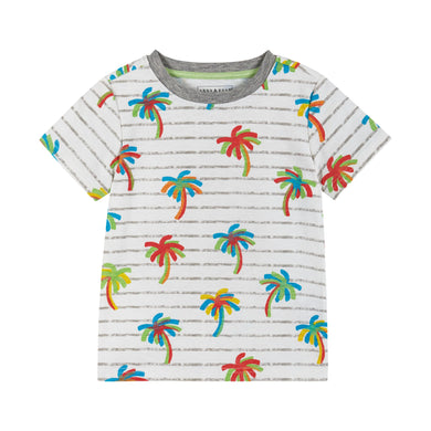 A white cotton crewneck shirt featuring light grey horizontal stripes and a Cheerful Multicolored Tropical Palm Tree Print