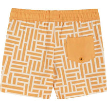 Load image into Gallery viewer, Light orange swim trunks, with an orange and white geometric pattern, against a plain white backdrop. It has one rear pocket on the right side. 
