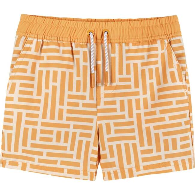 Light orange swim trunks, with an orange and white geometric pattern, against a plain white backdrop.