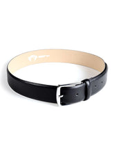 Load image into Gallery viewer, A black leather belt with a cream-colored underside. The buckle is sliver. 
