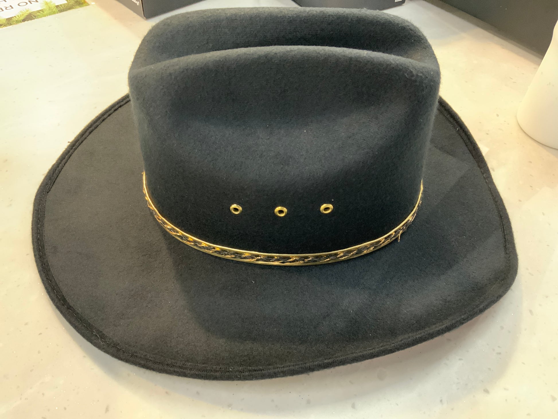 Black wool-Malborito cowboy hat with gold trim and vents by JR Palacios Enterprises