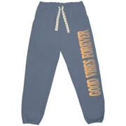 Navy sweatpants by Tiny Whales, Good Vibes Forever style