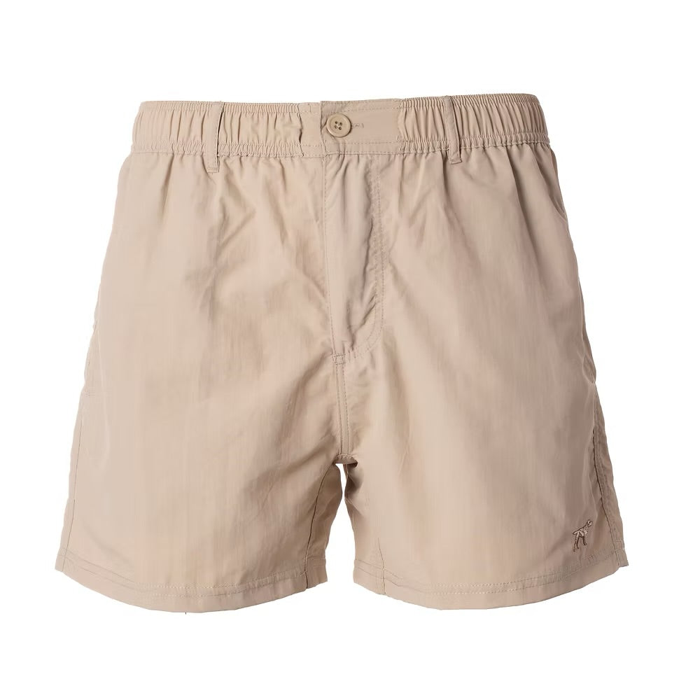 Fieldstone Angler Shorts in khaki, 5-inch inseam, four-way stretch