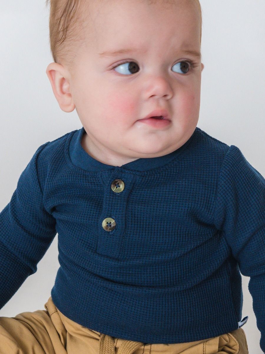 Waffle Knit Henley Bodysuit-Dark Navy
