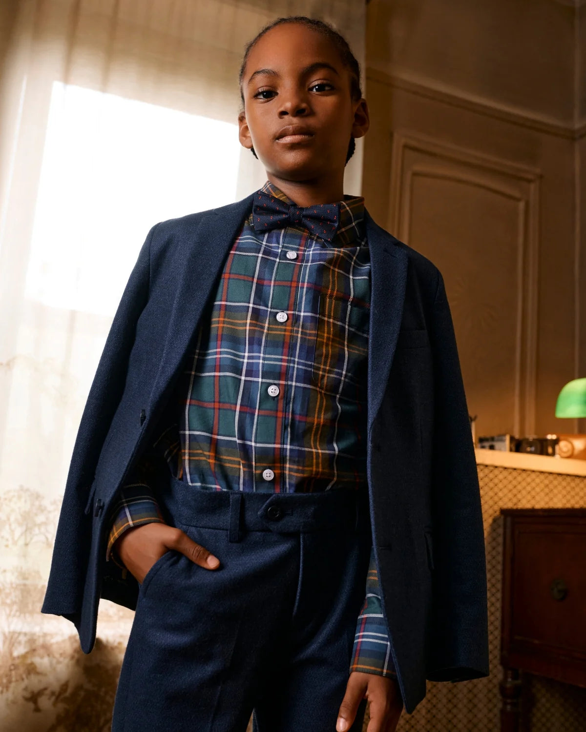 2-PC Strechy Mod Suit, Navy Diamonds