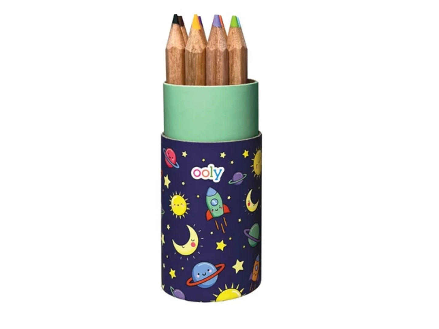 OOLY Draw 'n Doodle Mini Colored Pencils set with integrated sharpener in cylindrical cardboard case