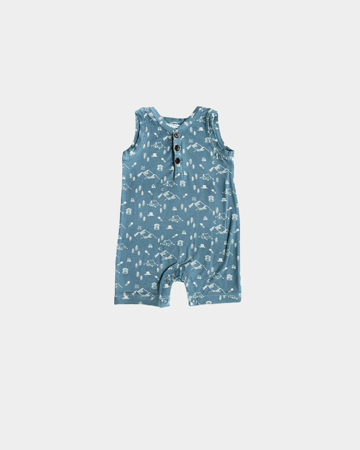 Baby Sprouts Camp Night sleeveless romper in bamboo jersey with button placket and leg snaps