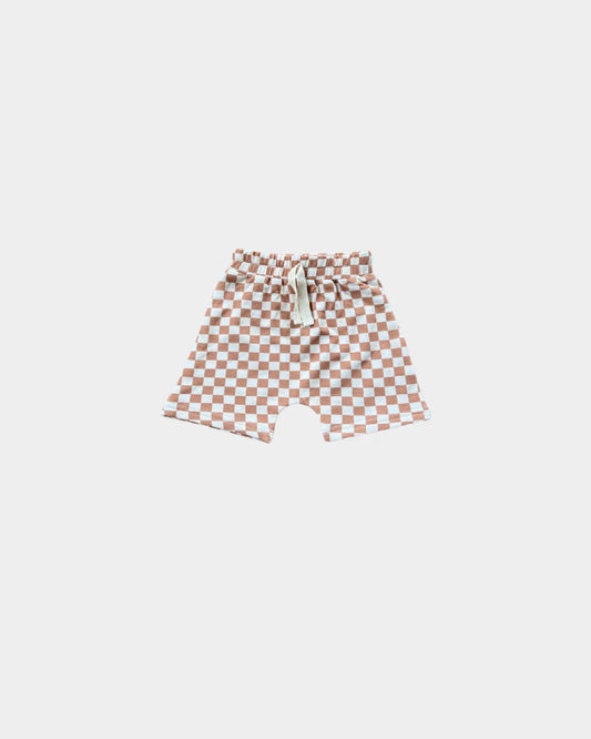Baby Sprouts bamboo harem shorts in butterscotch check pattern with drop-crotch fit