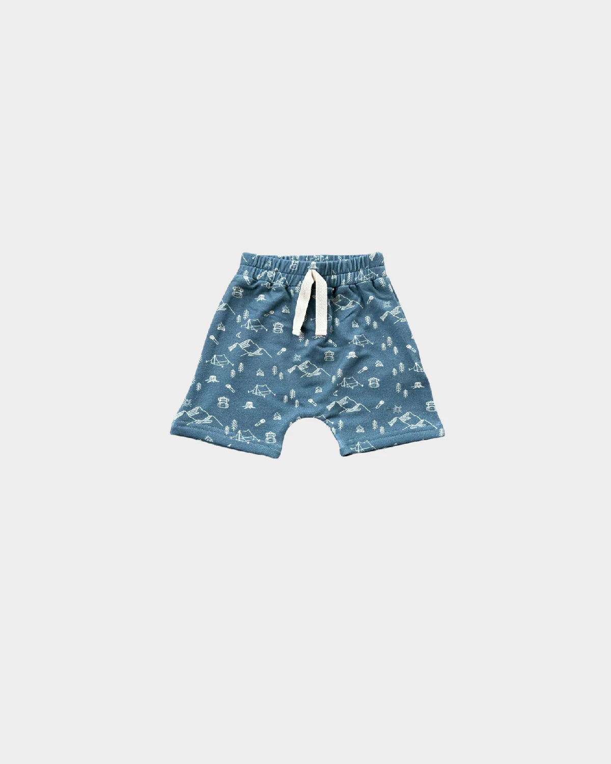 Baby Sprouts Bamboo Harem Shorts in Camp Night colorway with elastic waistband and drop-crotch design