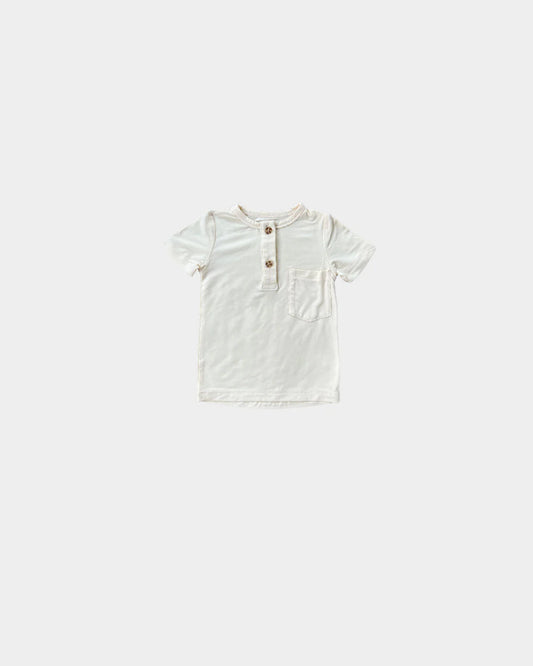 Short-sleeve cream henley with 2-button placket, Baby Sprouts bamboo jersey