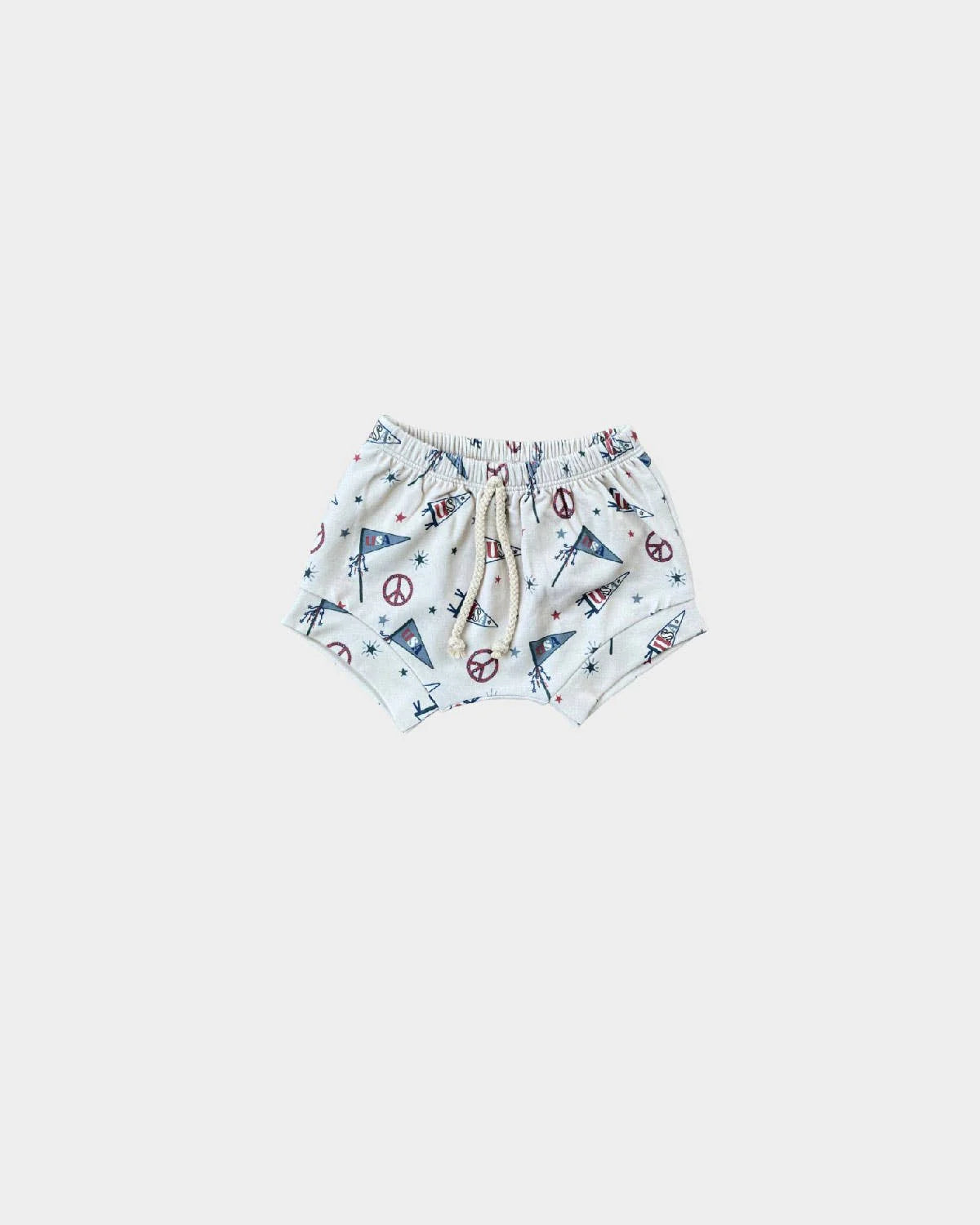USA Flag Shorties in bamboo terry from Baby Sprouts, shown in understated patriotic design