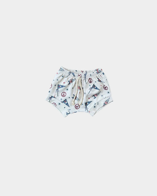 USA Flag Shorties in bamboo terry from Baby Sprouts, shown in understated patriotic design