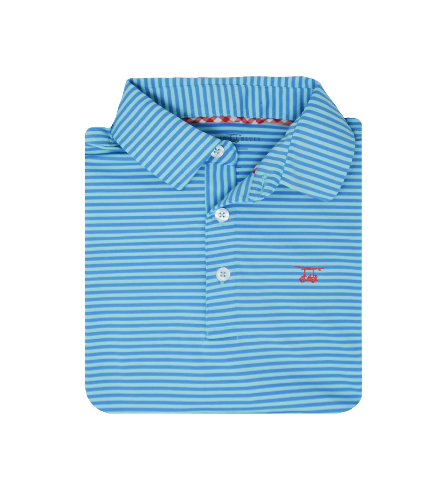 Bald Head Blues Golf Shirt in dark and light blue stripes with left chest logo, SPF 50 sun protection