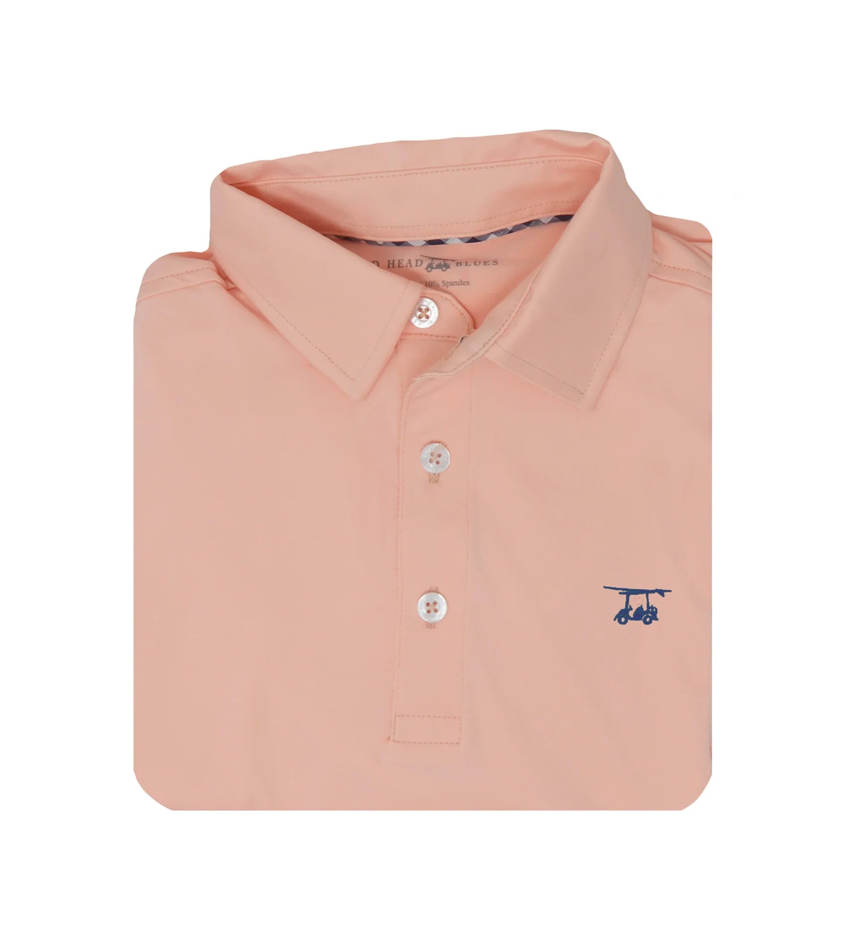 Bald Head Blues Golf Shirt in Albatross Heather Pink with left chest logo and gingham collar detail